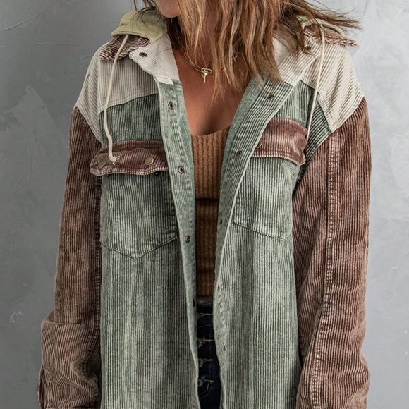 . Jackets & Blazers - Green Casual Womens Pocket Drop Shoulder Raw Hem Drawstring Hooded Corduroy Coat